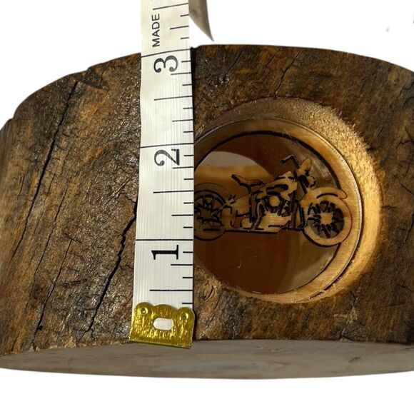 Rustic Wood Candle Holder Motorcycle Carving Biker Decor Handmade - Picture 4 of 10